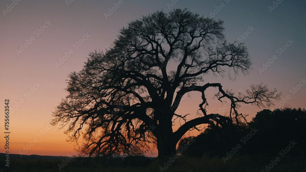 A Tree Silhouette Against a Colorful Dusk Sky in a Serene Countryside