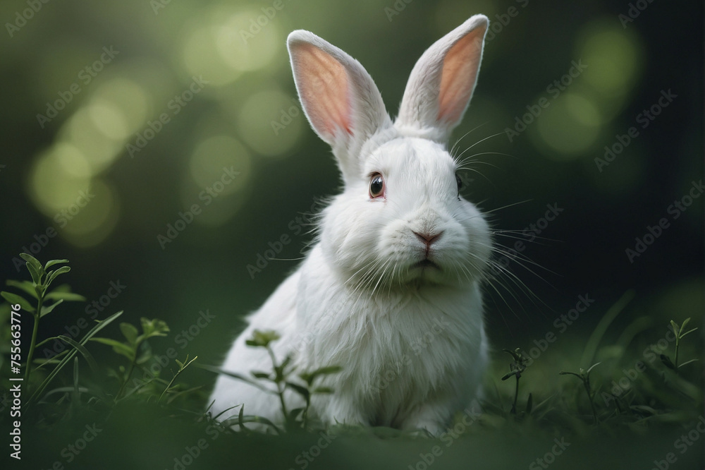 Obraz premium A White Rabbit Sitting in the Grass