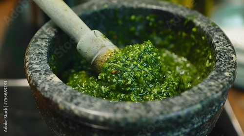 Pesto Genovese fresh basil pesto in mortar photo