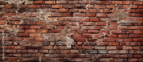 A wide panorama showcasing an old red brick wall without any visible mortar, revealing a unique interlocking design. The weathered bricks create a striking visual pattern.