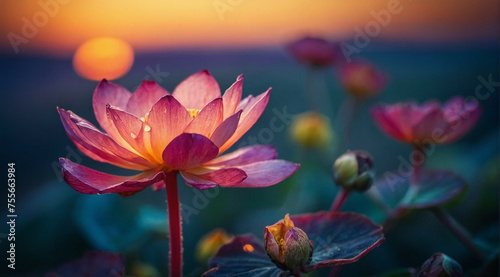Vibrant Lotus Flowers Blossoming at Dusk in a Serene Water Garden, bokeh background