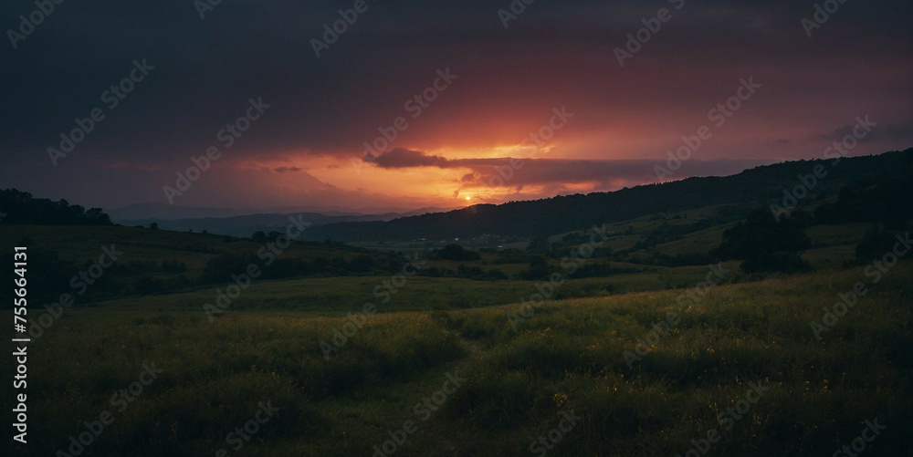 Sun Setting Over Grassy Field