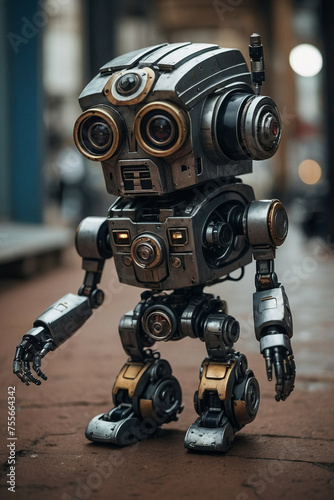 Toy Robot Standing on Sidewalk