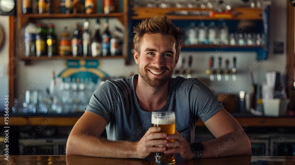 Handsome Man Smiling at Bar with Beer in American Pub Relaxed Atmosphere and Soft Colors Portrait