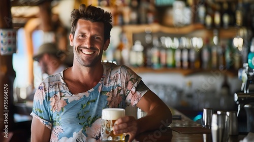 Handsome Man in Floral Shirt Savoring Beer with Friends at Vibrant Beachside Pub, Exuding Conviviality and Summer Vibes with Soft Lighting photo