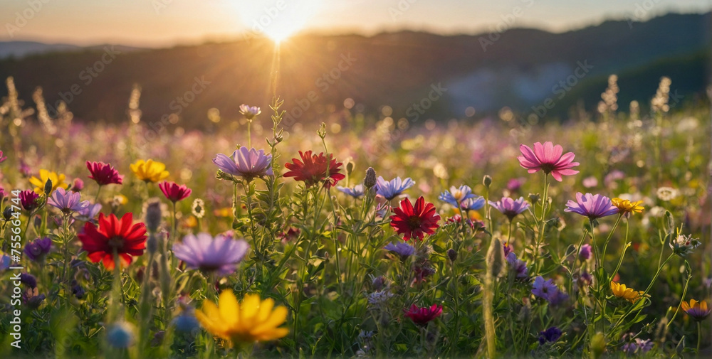 Colorful Field of Wildflowers With Sun in Background