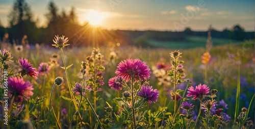 Colorful Wildflower Field at Sunset