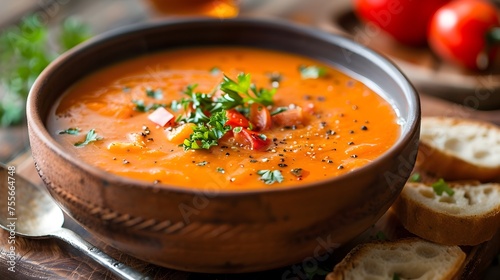 Comforting Tomato Soup with Fresh Herbs and Rustic Bread on a Rustic Wooden Table