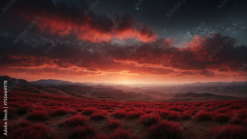 Twilight Horizon Over a Red Grassland Under a Starry Sky