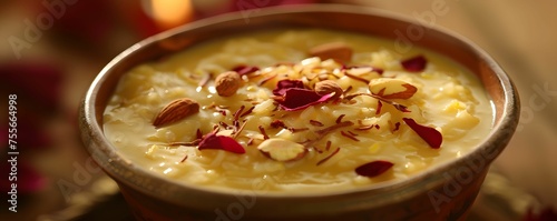 Saffron scented kheer rice pudding nuts and rose petals topping
