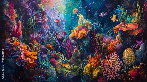 An abstract exploration of the underwater world with sea creatures and corals represented as colorful imaginative forms