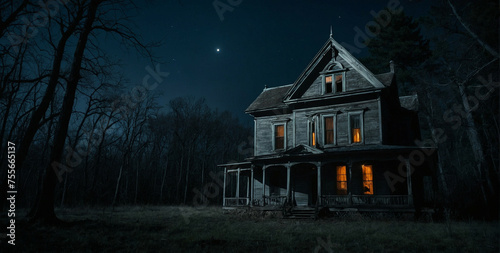 Eerie House in Forest at Night