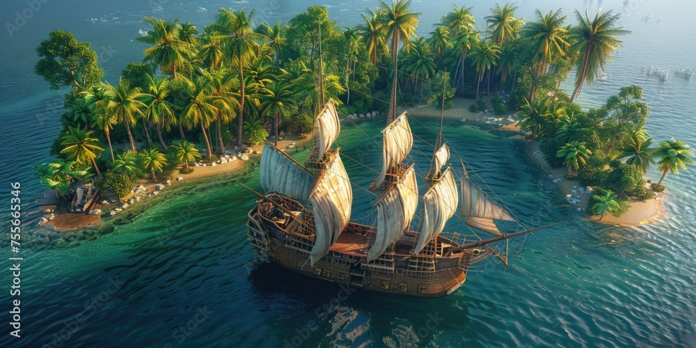 Obraz premium An island with a pirate ship in the middle of it