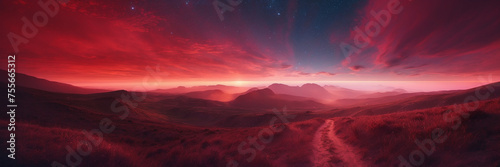 Red Sky With Clouds and Mountains
