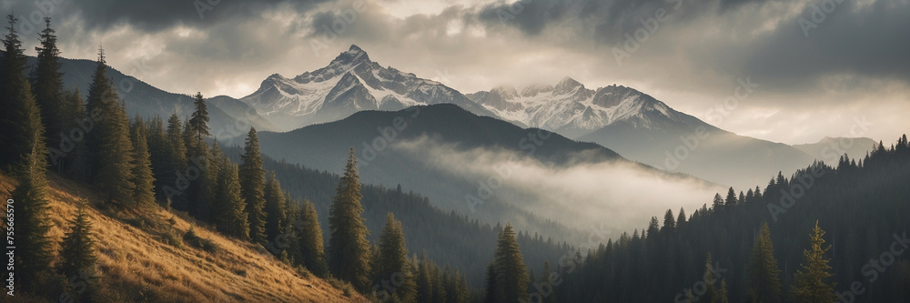 Misty mountain landscape with fir forest in vintage Retro Style