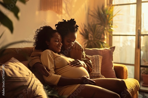 Multiethnic lesbian couple with hands on baby bump of pregnant woman. Expecting mother feeling baby kick with her best friend sitting on couch. Young mixed race woman touching belly of her girlfriend. photo