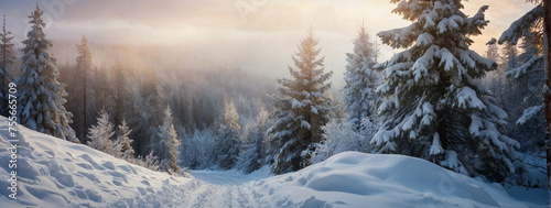 Serene Winter Wonderland at Sunrise With Snow-Covered Trees and Landscape
