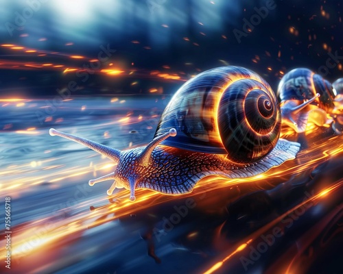 Snails racing in kinetic-energy-powered shells their trails glowing with the thrill of the competition