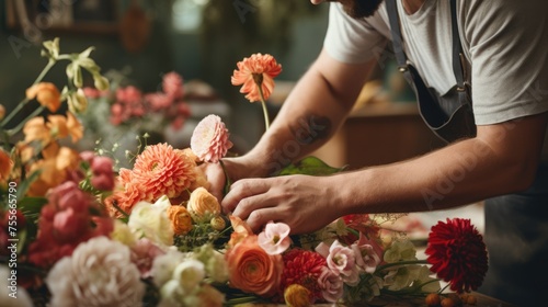 Male florist creating bouquet in flower shop  close up. Man is creating a bouquet