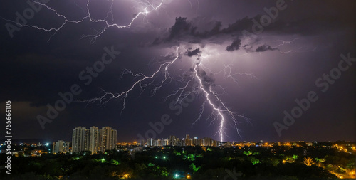 Lightning Storm Over City at Night