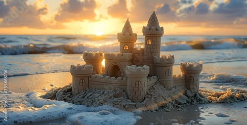 A sand castle is built on the beach with the sun setting in the background © Wuttichai