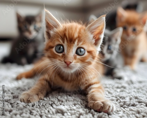A group of kittens are laying on a carpet, one of which is orange