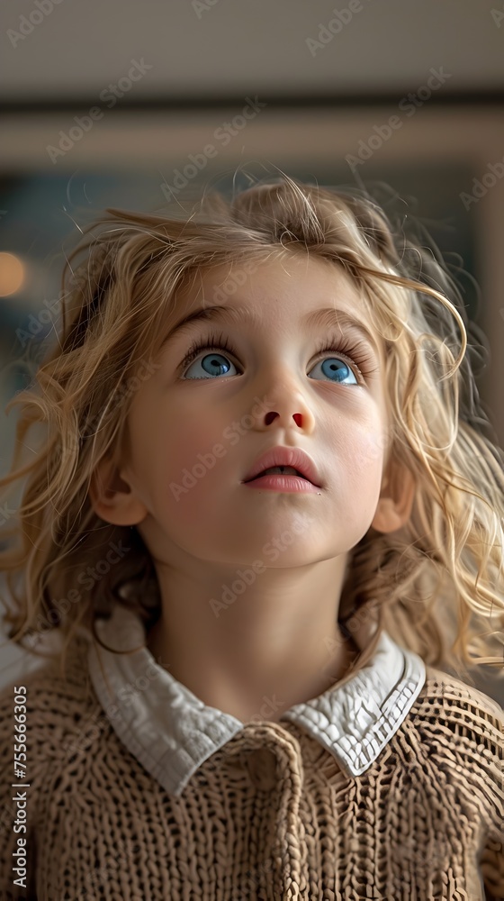 A young blonde girl with blue eyes is looking up at the camera A young blonde girl with blue eyes is looking up at the camera
