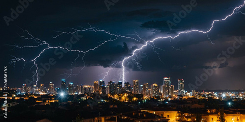 Lightning Bolt Strikes Over City at Night