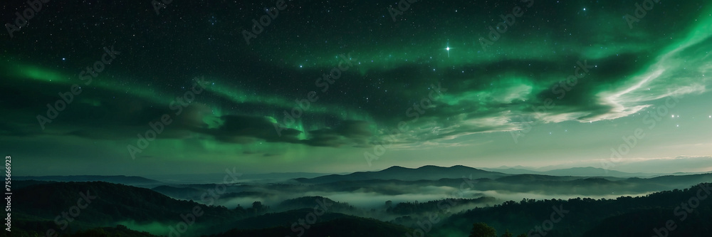 Green and Black Sky Filled With Clouds and Stars