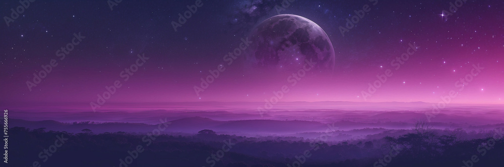 Distant Planet Silhouetted in Purple Mystical Moonlight Sky Distant Planet Silhouetted in Purple Mystical Moonlight Sky