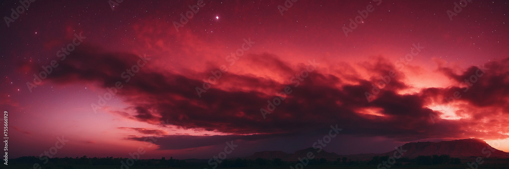 Dusk Sky Over Mountainous Landscape With Red Gradient and Twinkling Stars Dusk Sky Over Mountainous Landscape With Red Gradient and Twinkling Stars