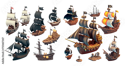 Detailed Collection of Vintage Sailing Ships and Nautical Vessels with Various Sail Designs, Isolated