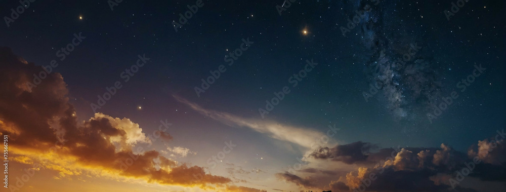 Twilight Sky Illuminated by a Mystical Golden Gradient and Shining Stars