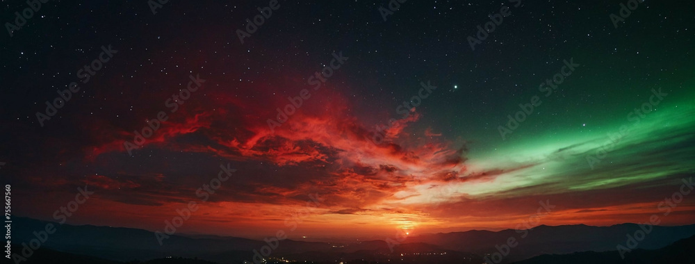 Green and Red Aurora Borealis Illuminating the Night Sky