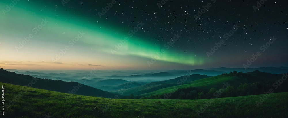 Green Aurora Over Mountain Range
