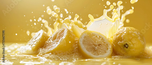 Surreal Lemon Juice Waterfall Splash with Delicate Fruit photo