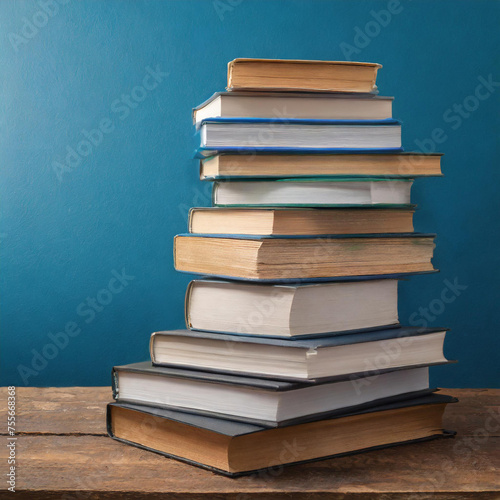 stack of books with empty space on a plain blue background, Generative AI