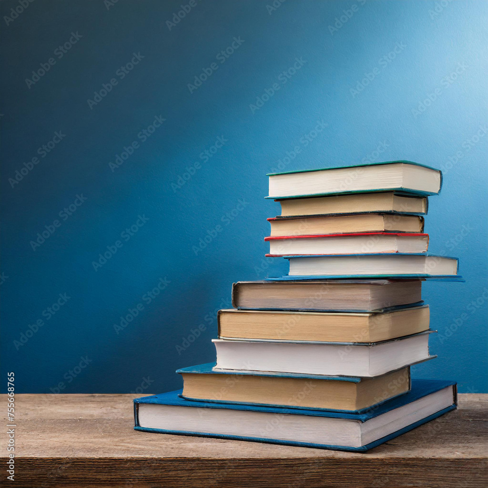 stack of books with empty space on a plain blue background, Generative AI stack of books with empty space on a plain blue background, Generative AI