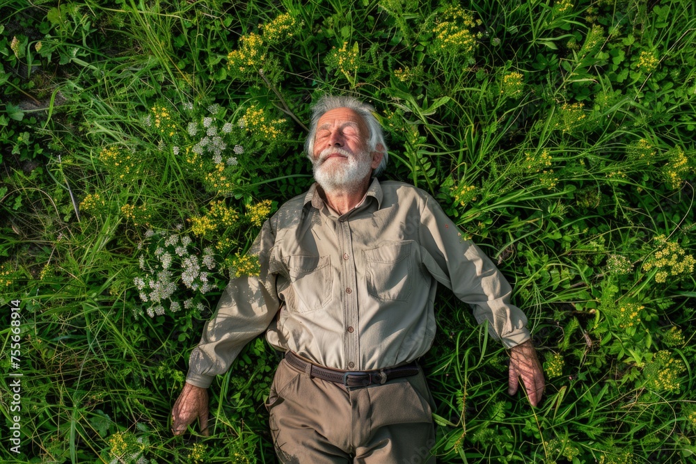 Top view of an elderly man lying down on the grass, concept of leisure and tranquility.