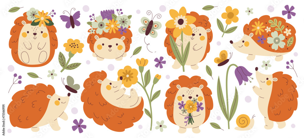 Cute hedgehogs characters carrying spring wild flowers on back, in hand, on head vector illustration