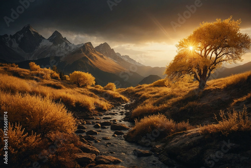 Golden Hour Splendor Over a Majestic Mountainous Landscape at Sunset