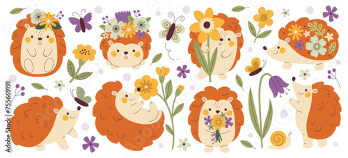 Cute hedgehogs characters carrying spring wild flowers on back  in hand  on head vector illustration