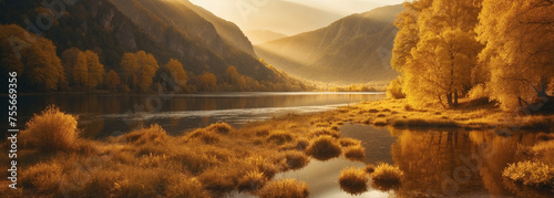 Golden Autumn Leaves Adorn the Tranquil River in a Serene Mountain Valley photo