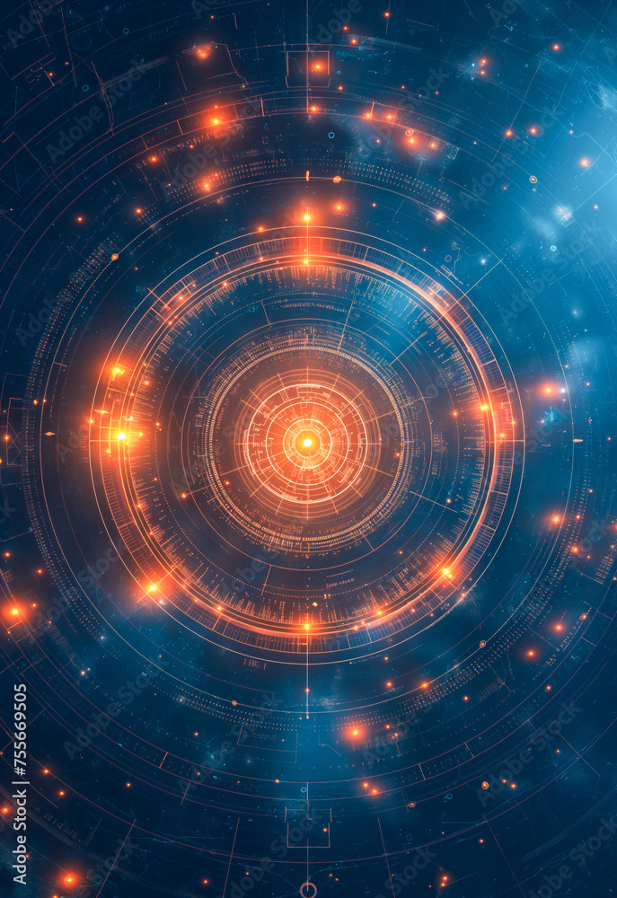 Obraz premium Abstract Cosmic Portal with Luminous Circular Patterns and a Starry Background