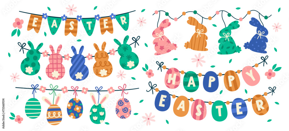 Hand drawn Easter eggs, bunnies and text letters decorative hanging garlands set vector illustration