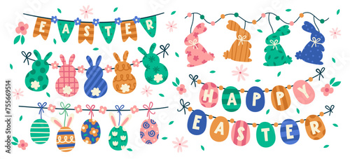Hand drawn Easter eggs  bunnies and text letters decorative hanging garlands set vector illustration