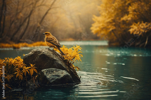 Bird Perched on Rock in Water photo