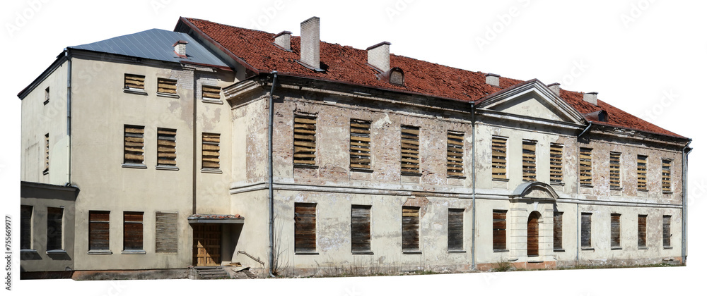 Old abandoned building with red tiles roof isolated