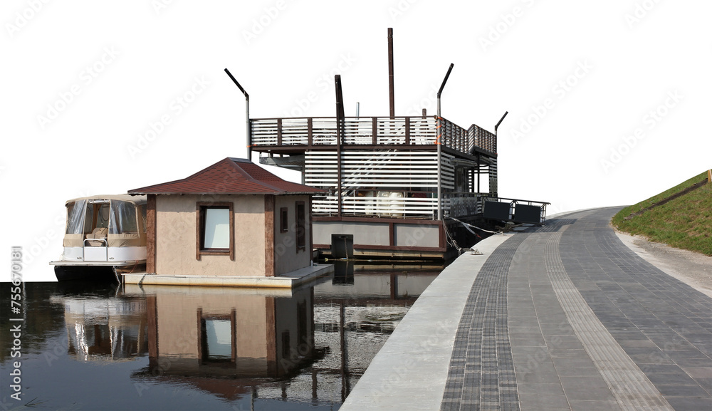 River embankment with boats, pontoons and restaurant isolated River embankment with boats, pontoons and restaurant isolated