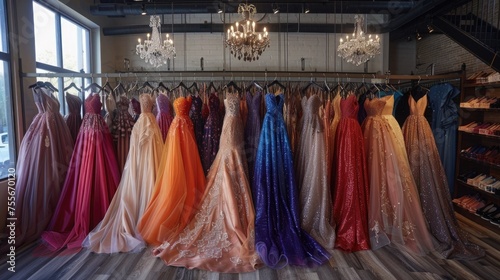 A sophisticated dress rental boutique offering a curated selection of elegant formal attire, including colorful wedding dresses, evening gowns, and prom dresses. photo